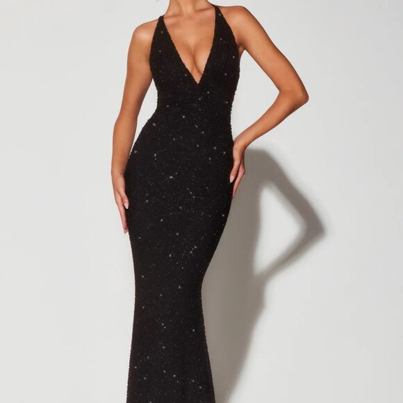 Oh Polly Verona Embellished Plunge Halter Neck Evening Gown in Black - Picture 1 of 7